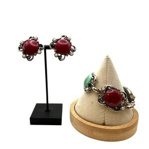 Vintage Cabochon Bracelet & Clip On Earrings Set Multicolor Faux Pearl Silver To